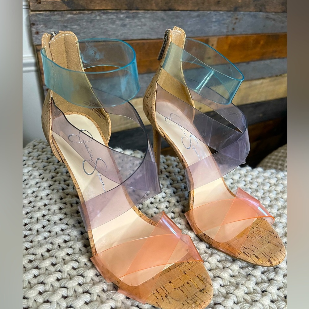 Jessica Simpson Multi Colored Clear Strap Cork He… - image 1
